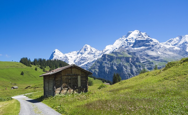 Wooden hut with Swiss Alps range on the background  Switzerland shutterstock 495179509