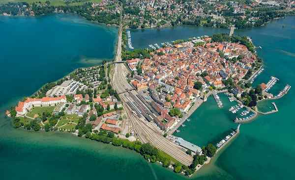 Aerial perspective of peninsula Lindau with port and Marina in summer 692462044