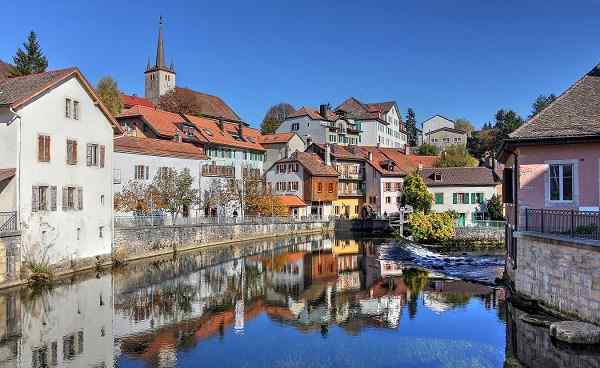 CH-JURA-ROUTE Cityscape of Vallorbe in the Jura Region of Switzerland along the river Orbe 276684068