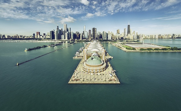 CHICAGO-BEARS Chicago Skyline aerial view with Navy Pier  vintage colors shutterstock 400299133
