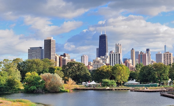 CHICAGO-BEARS Chicago skyline with skyscrapers viewed from Lincoln Park over lake shutterstock 92169874