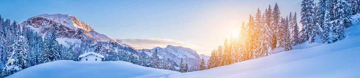 Panoramic view of beautiful winter wonderland mountain scenery with traditional mountain cabin the background in the Alps in golden evening light at sunset 365333192