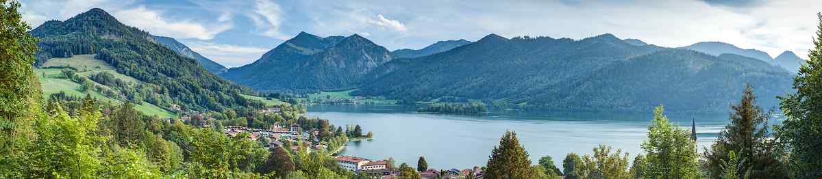 SLIDER Panoramic view over the lake Schliersee  The lake Schliersee in Bavaria is located about 50 kilometers southeast of Munich  It is a popular destination for tourists and hikers   1182468784