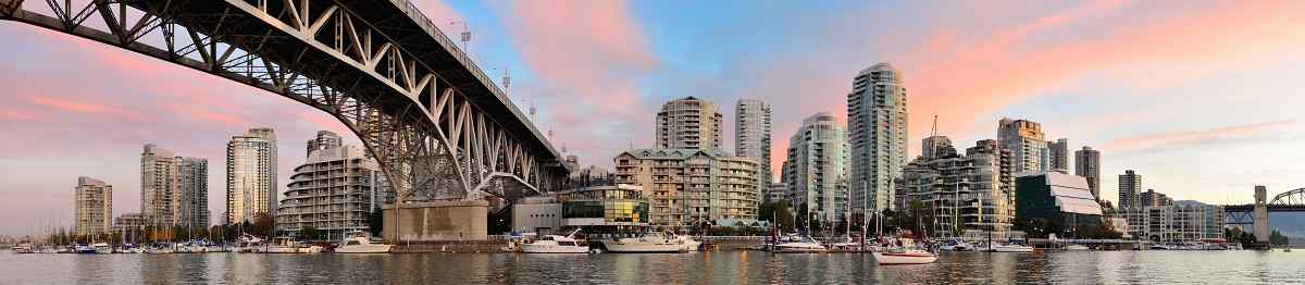 Vancouver False Creek panorama at sunset with bridge and boat 438921508
