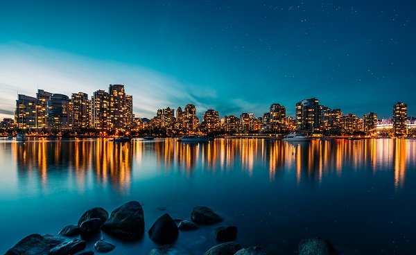Vancouver skyline reflection at sunset 417849331